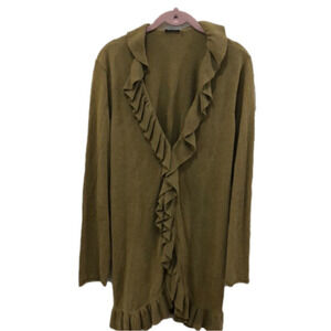 Magaschoni Size L cotton and cashmere blend olive green cardigan. . Ruffles